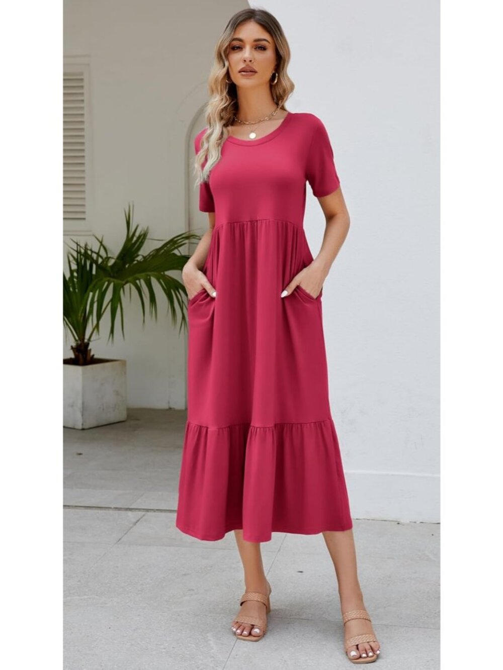 Women's Rose Stylish Sundress Short Sleeve Tiered Beach with Pockets Maxi Dress - Picture 3 of 5